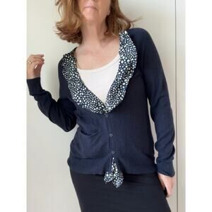 Womens Cardigans Size Large Monogram HWR Navy Nautical Ruffle Trim Blue